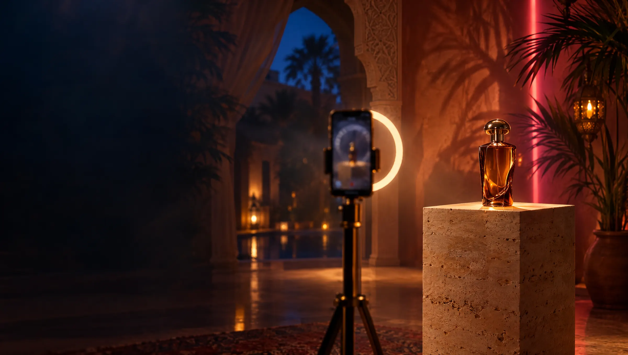Estudio de venta en directo de noche: un frasco de ámbar sobre un pedestal de travertino, un móvil en trípode y un aro de luz en un patio con arcos.