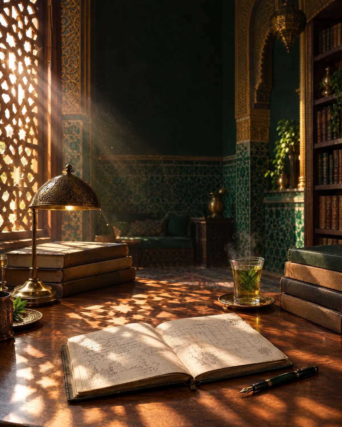 Escritorio de estudio al amanecer en una biblioteca de azulejos verdes: cuaderno con un calendario, té con hierbabuena y luz a través de una celosía.