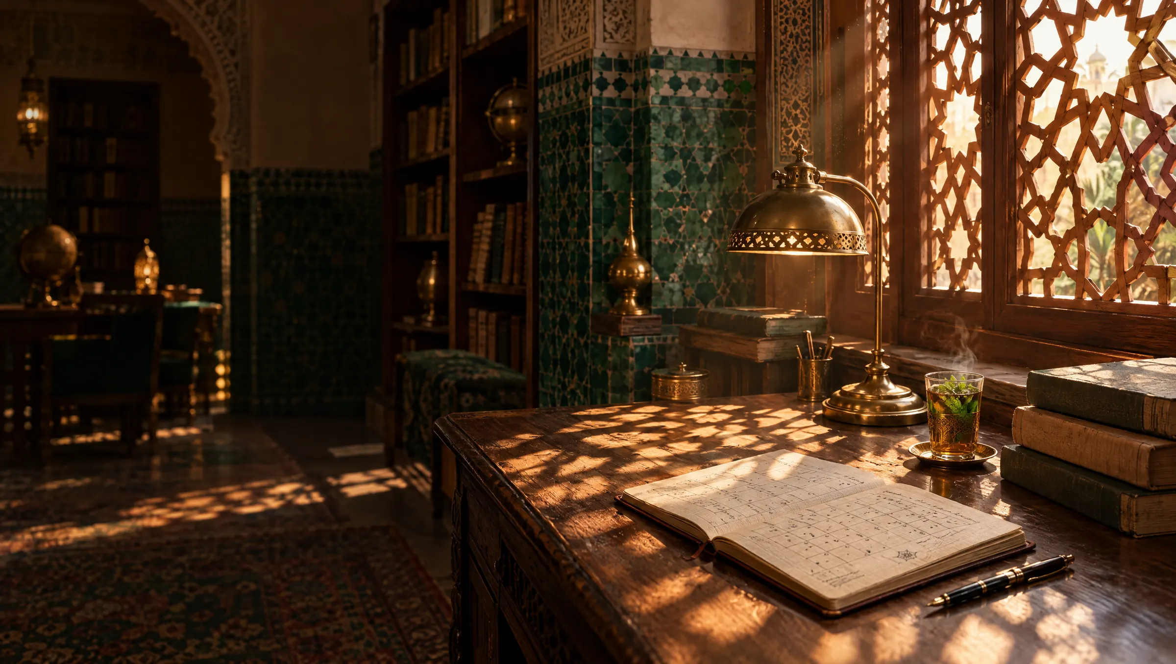 Escritorio de estudio al amanecer en una biblioteca de azulejos verdes: cuaderno con un calendario, té con hierbabuena y luz a través de una celosía.