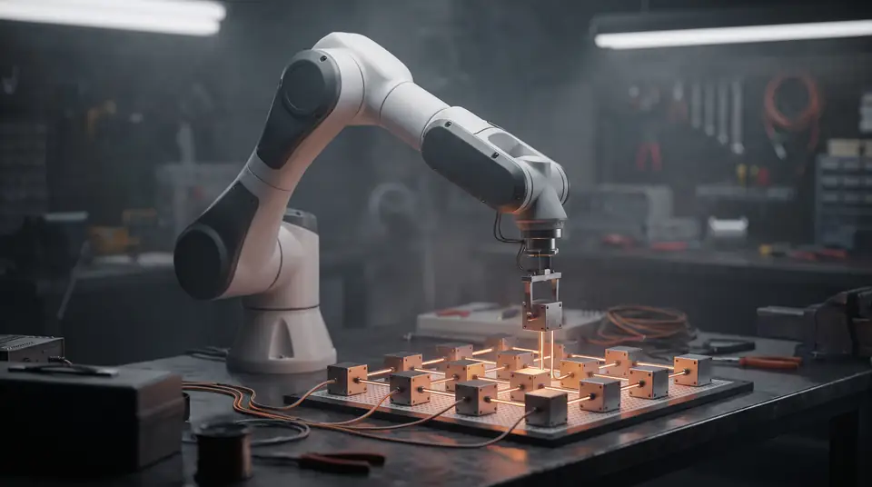 An industrial robotic arm placing small metal cubes connected by glowing orange cables