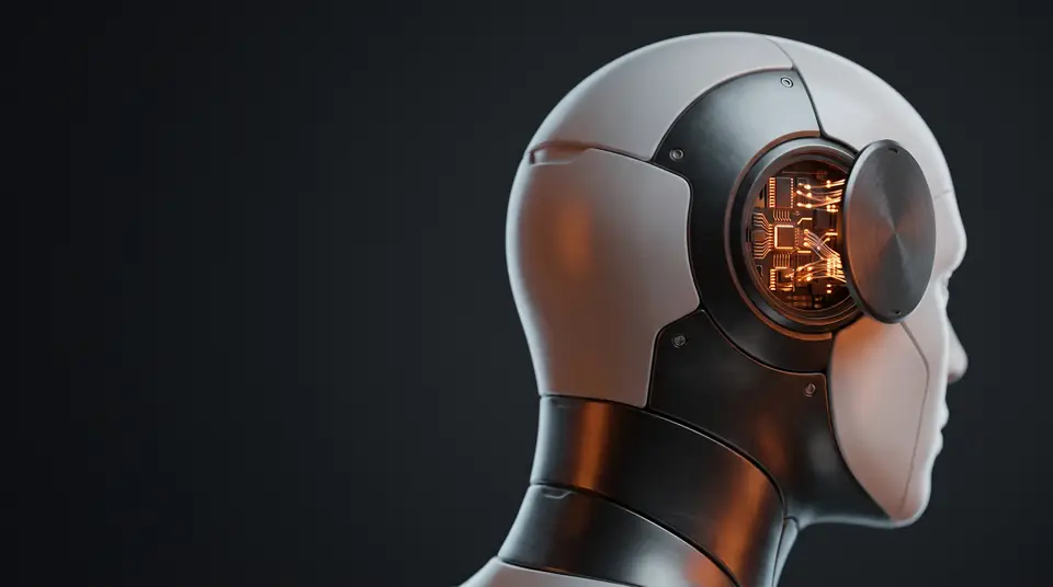 A white and graphite robot head in profile with an open panel showing glowing circuitry
