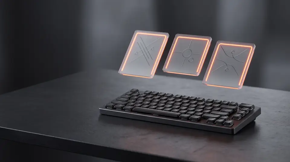 A dark mechanical keyboard with three edge-lit glass tiles floating above it