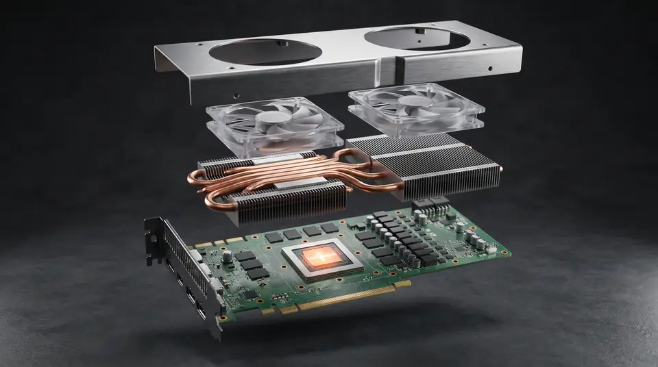 Exploded view of a graphics card: fans, heat pipes, heatsink fins and the circuit board with the GPU glowing orange