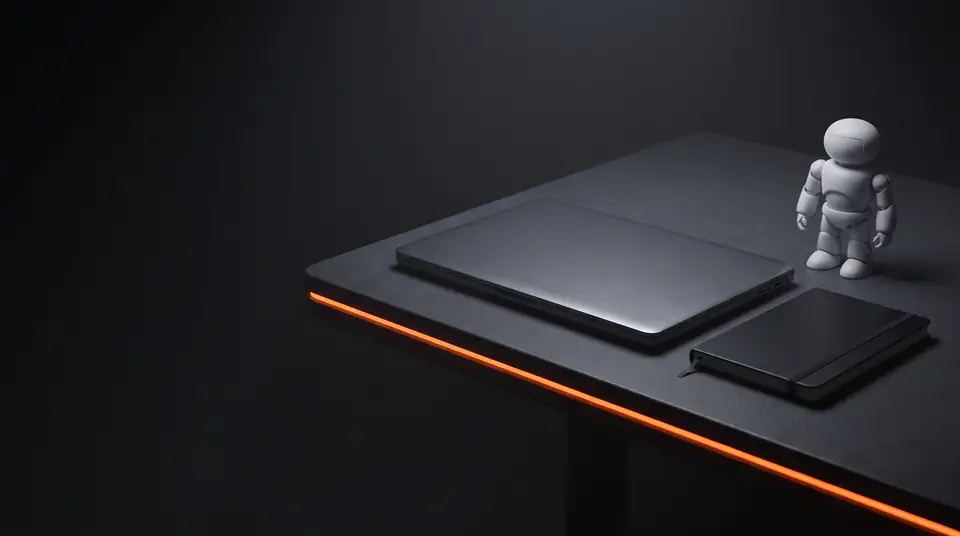 A closed laptop, a notebook and a small white robot figure on a dark desk with an orange light strip