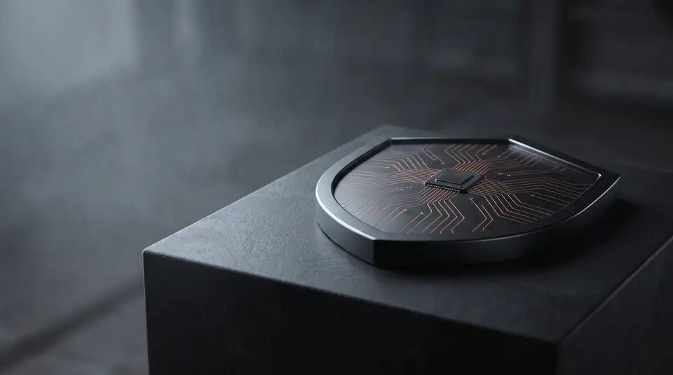 Escudo de metal negro grabado con pistas de circuito que convergen en un pequeño chip de silicio